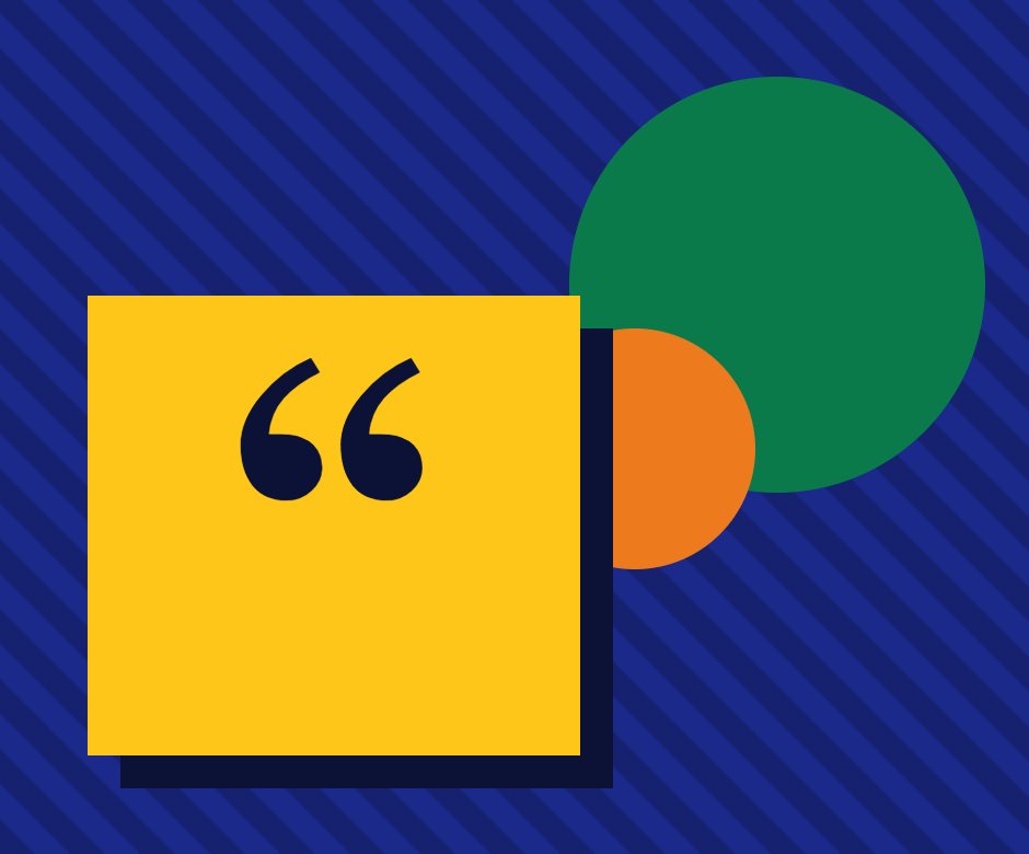 Illustration : guillemet jaune sur fond bleu rayé, cercles vert et orange