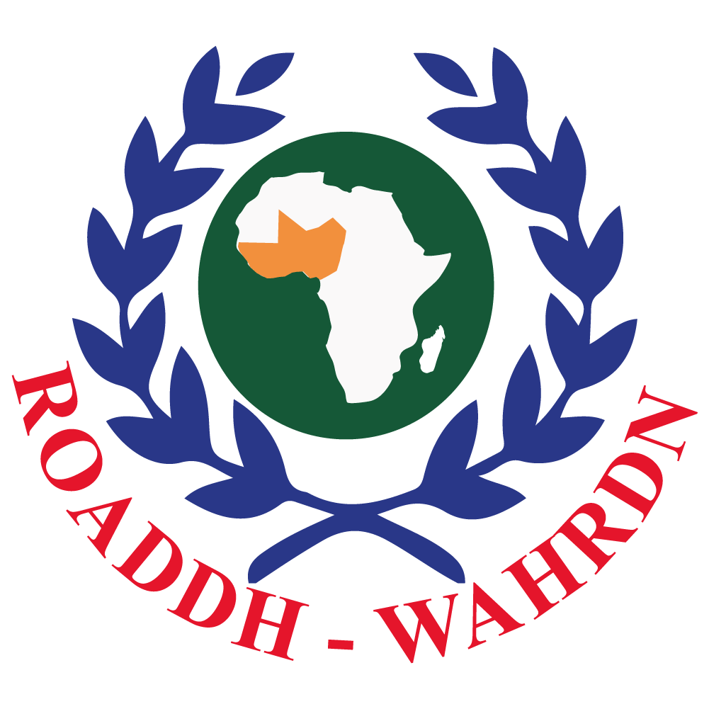 Logo du ROADDH – WAHRDN : couronne de lauriers bleue autour d’un globe vert montrant l’Afrique de l’Ouest